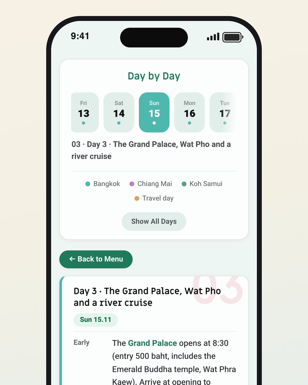 A day picker and a day plan