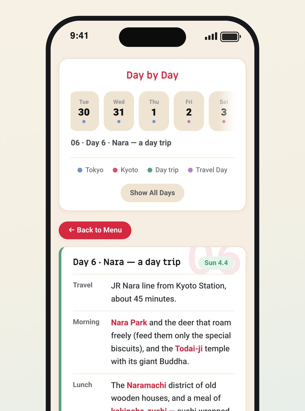 The day-by-day screen of the app: a day picker, a day plan and a map