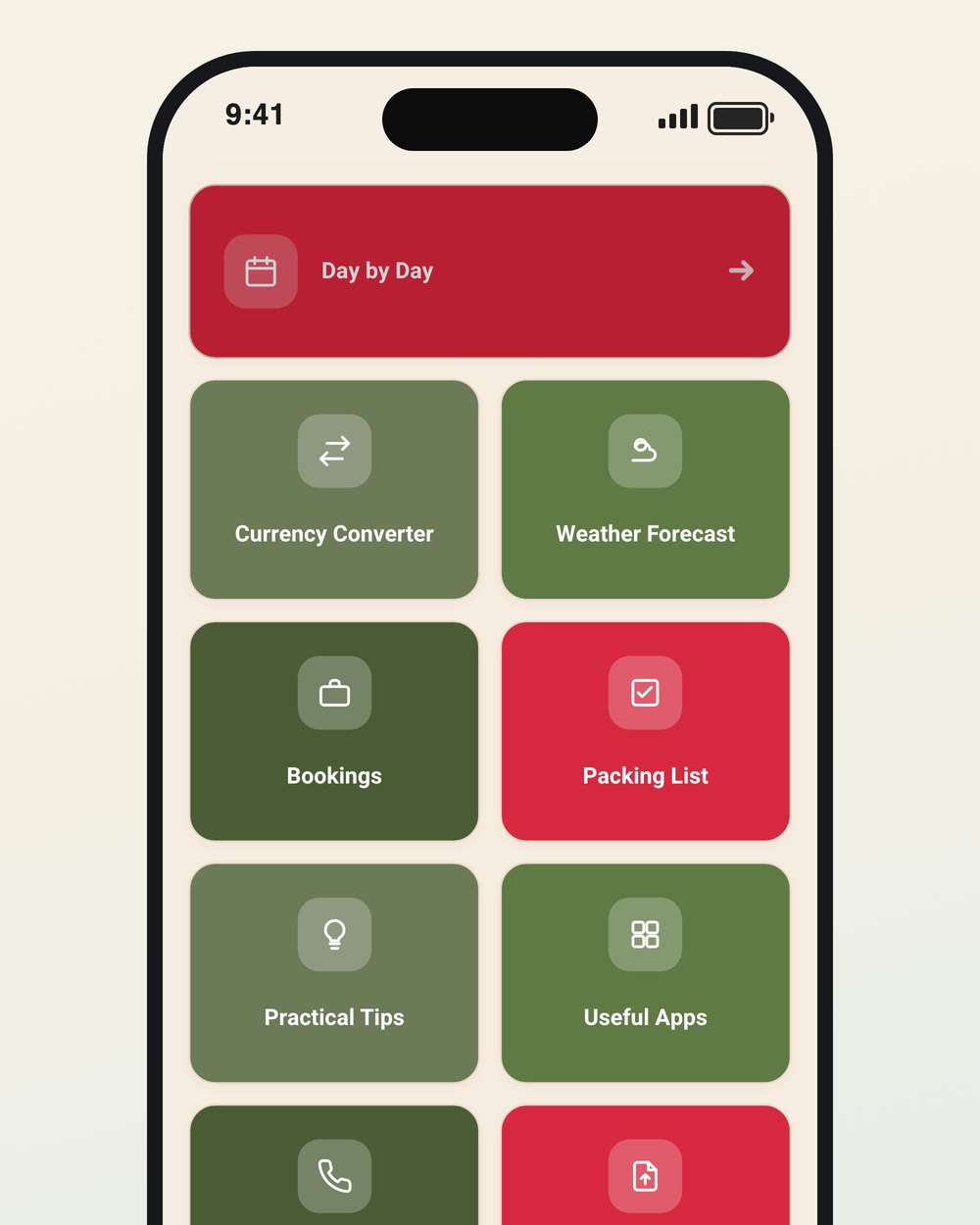 The menu of options in the app