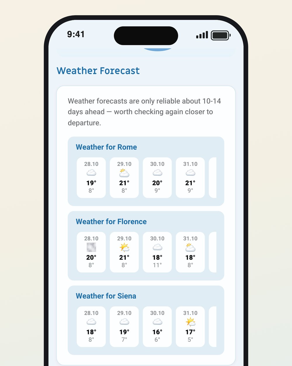 Weather forecasts for several cities